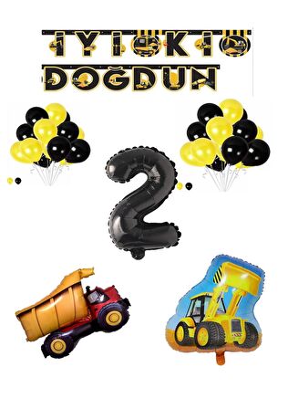 İnşaat Temalı Doğum Günü Banner Kamyon Kepçe Şekilli Balon Seti Siyah Yaş 2