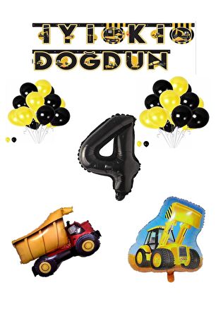 İnşaat Temalı Doğum Günü Banner Kamyon Kepçe Şekilli Balon Seti Siyah Yaş 4