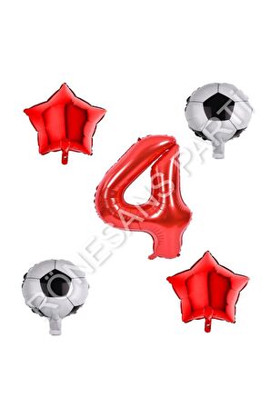 Futbol Topu Yıdız Rakam Balon Seti Kırmızı Yaş 4