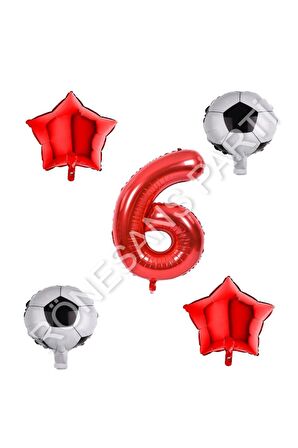 Futbol Topu Yıdız Rakam Balon Seti Kırmızı Yaş 6