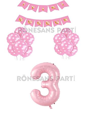 İyiki Doğdun Yazılı Pembe Renk Puanlı Balon ve Rakam Seti Yaş 3