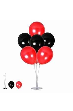 Balon Standı Ve 7 Adet  Metalik Kırmızı-Siyah Balon Seti