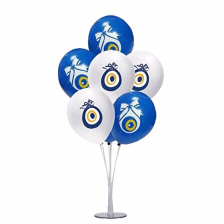 Balon Standı ve Nazar Boncuğu Baskılı Beyaz-Mavi Sünnet Parti Balonu