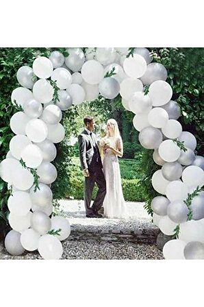 50 Adet  Parti Balonu  - Beyaz - Gümüş Metalik Balon +Balon Zinciri Hediye