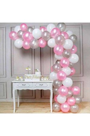 50 Adet Metalik Balon (Pembe,Beyaz,Gümüş)+Balon Zinciri Hediye