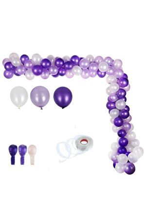 50 Adet  Parti Balonu  -Mor -Lila-Beyaz Metalik Balon+Balon Zinciri Hediye