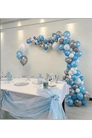 Metalik Beyaz Mavi Gümüş 100 Adet +Balon Zinciri Hediye