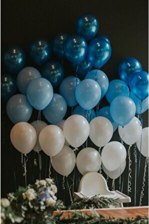 Mavi-Beyaz-Koyu Mavi  Metalik Balon +Balon Zinciri Hediye