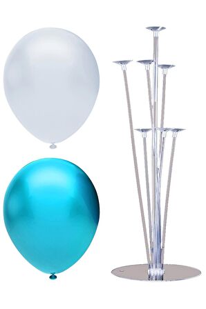 7 Çubuklu Balon Standı + 7 adet balon ( Açık Mavi - Beyaz )