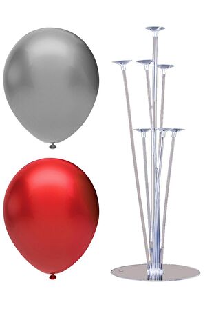 7 Çubuklu Balon Standı + 7 adet balon ( Kırmızı, Gümüş )
