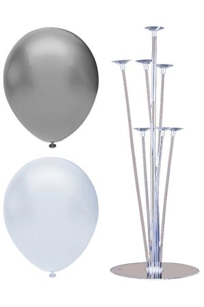 7 Çubuklu Balon Standı + 40 adet balon ( Beyaz, Gümüş )