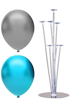 7 Çubuklu Balon Standı + 40 adet balon ( Açık Mavi, Gümüş )