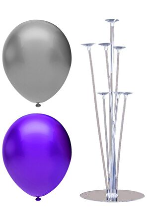 7 Çubuklu Balon Standı + 40 adet balon ( Mor, Gümüş )