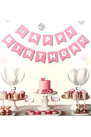 Pembe Üstüne Gümüş Gri Yaldızlı Happy Birthday Yazılı Doğum Günü Partisi Karton Ipli Yazı Banner