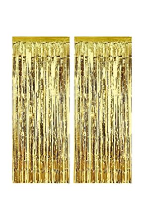 2 Adet 45 cm × 200 cm Metalize Arka Fon Kapı Perdesi Püsküllü Fon Süsü Gold