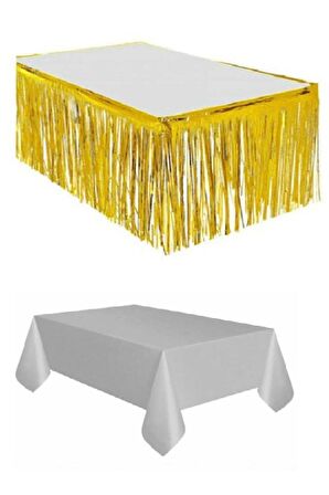 Gold Metalize Masa Etegi + Plastik Gümüş Masa Örtüsü
