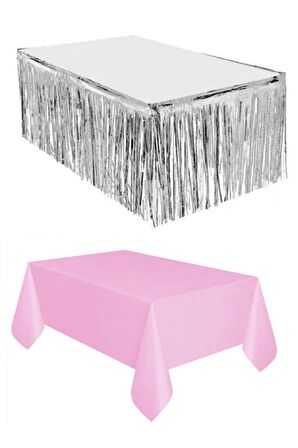 Gümüş Metalize Masa Eteği + Plastik Pembe Masa Örtüsü