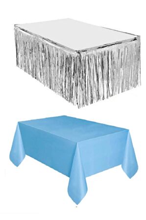 Gümüş Metalize Masa Etegi + Plastik Mavi Masa Örtüsü