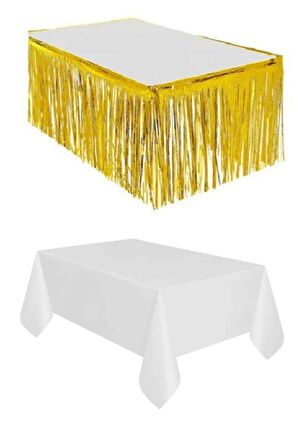Gold Metalize Masa Etegi + Plastik Beyaz Masa Örtüsü