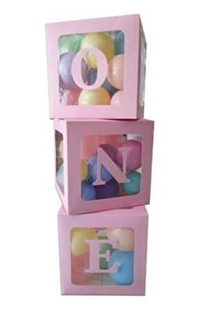 One Yazılı Pembe Şeffaf Harfli Kutu + 30 Adet Balon