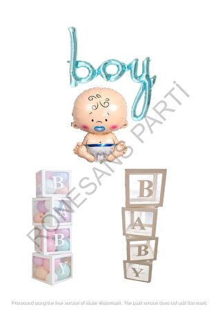 Beyaz Baby Yazılı Şeffaf Balon Kutusu Bebek ve Boy El Yazılı Folyo Balon ve Balon Seti