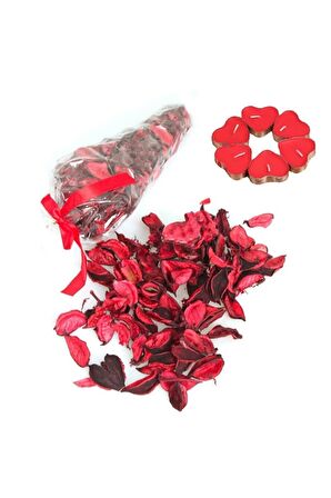 25 Kırmızı Kalpli Mum + 1 Paket 100 gr. Kuru Gül Yaprağı