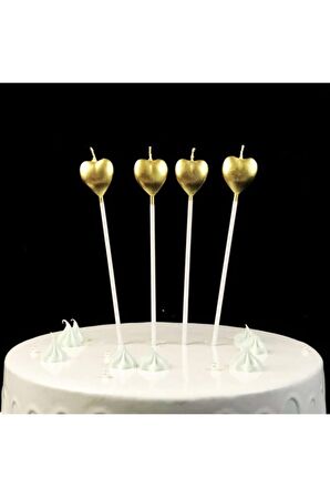 Çubuklu Kalp Mum Doğum Günü Mumu Gold 4 Adet