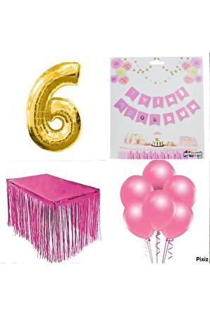 Doğum Günü Parti Seti 6 Rakam Pembe Konsept 