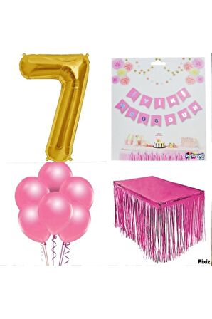 Doğum Günü Parti Seti 7 Rakam Pembe Konsept 