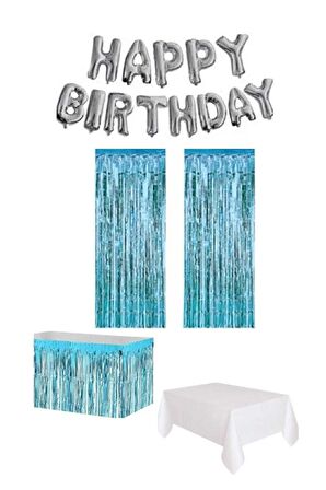 Mavi / Gümüş Renk Happy Birthday Parti Seti
