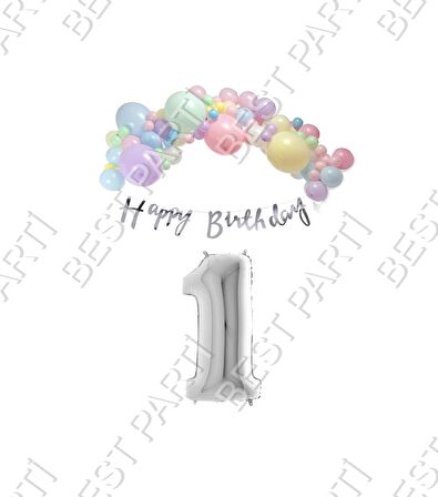 Happy Bırthday Yazılı Kaligrafi Banner Makaron Balon Seti 1 Yaş Gümüş Set Doğum Günü