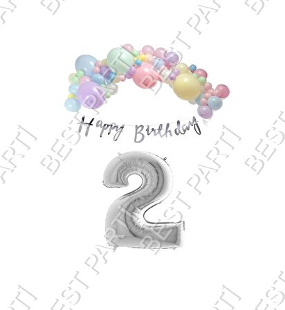 Happy Bırthday Yazılı Kaligrafi Banner Makaron Balon Seti 2 Yaş Gümüş Set Doğum Günü