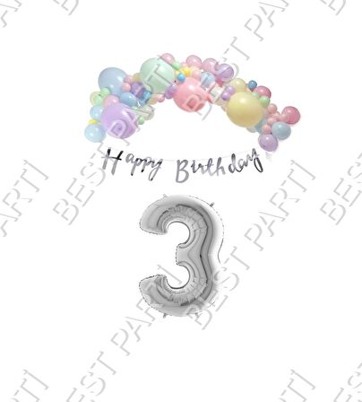Happy Bırthday Yazılı Kaligrafi Banner Makaron Balon Seti 3 Yaş Gümüş Set Doğum Günü