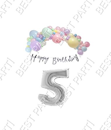 Happy Bırthday Yazılı Kaligrafi Banner Makaron Balon Seti 5 Yaş Gümüş Set Doğum Günü