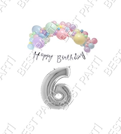 Happy Bırthday Yazılı Kaligrafi Banner Makaron Balon Seti 6 Yaş Gümüş Set Doğum Günü