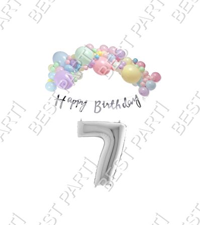 Happy Bırthday Yazılı Kaligrafi Banner Makaron Balon Seti 7 Yaş Gümüş Set Doğum Günü
