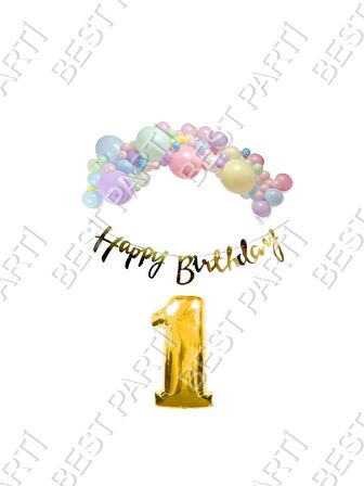 Happy Bırthday Yazılı Kaligrafi Banner Makaron Balon Seti 1 Yaş Gold Set Doğum Günü