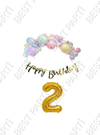 Happy Bırthday Yazılı Kaligrafi Banner Makaron Balon Seti 2 Yaş Gold Set Doğum Günü