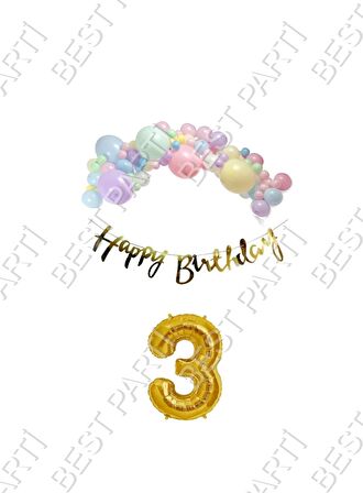 Happy Bırthday Yazılı Kaligrafi Banner Makaron Balon Seti 3 Yaş Gold Set Doğum Günü