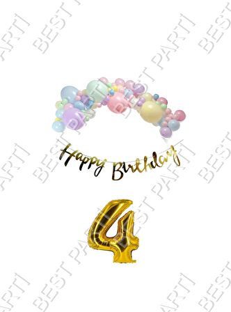 Happy Bırthday Yazılı Kaligrafi Banner Makaron Balon Seti 4 Yaş Gold Set Doğum Günü
