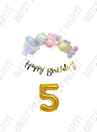 Happy Bırthday Yazılı Kaligrafi Banner Makaron Balon Seti 5 Yaş Gold Set Doğum Günü
