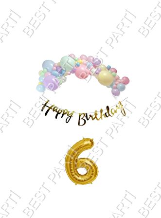 Happy Bırthday Yazılı Kaligrafi Banner Makaron Balon Seti 6 Yaş Gold Set Doğum Günü