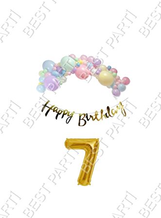 Happy Bırthday Yazılı Kaligrafi Banner Makaron Balon Seti 7 Yaş Gold Set Doğum Günü