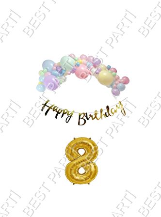 Happy Bırthday Yazılı Kaligrafi Banner Makaron Balon Seti 8 Yaş Gold Set Doğum Günü