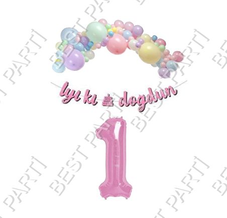 İyiki Doğdun Yazılı Kaligrafi Banner Makaron Balon Seti 1 Yaş Pembe Set Doğum Günü