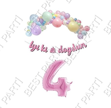İyiki Doğdun Yazılı Kaligrafi Banner Makaron Balon Seti 4 Yaş Pembe Set Doğum Günü