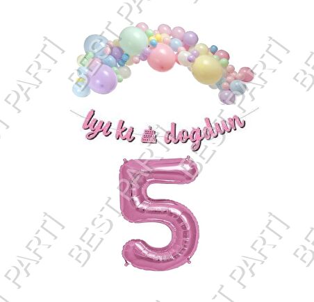 İyiki Doğdun Yazılı Kaligrafi Banner Makaron Balon Seti 5 Yaş Pembe Set Doğum Günü