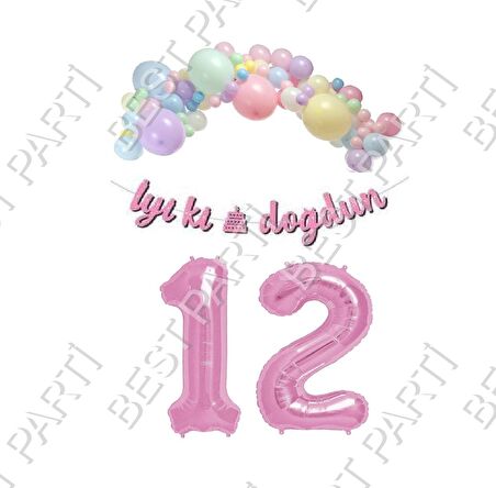 İyiki Doğdun Yazılı Kaligrafi Banner Makaron Balon Seti 12 Yaş Pembe Set Doğum Günü