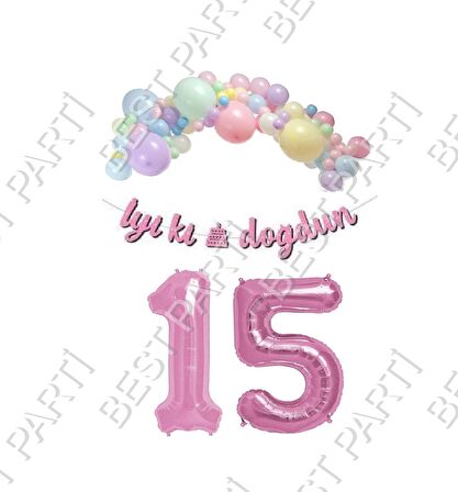 İyiki Doğdun Yazılı Kaligrafi Banner Makaron Balon Seti 15 Yaş Pembe Set Doğum Günü