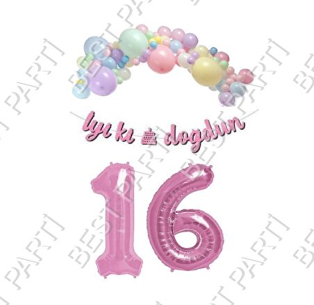 İyiki Doğdun Yazılı Kaligrafi Banner Makaron Balon Seti 16 Yaş Pembe Set Doğum Günü